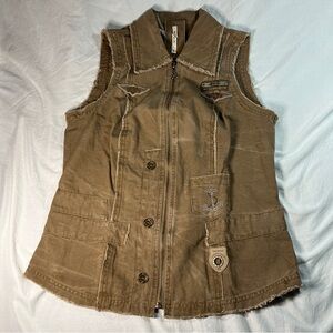 Distressed Style Vest Frayed Edge Nautical Anchors Bling Mur Mur Womens M Brown